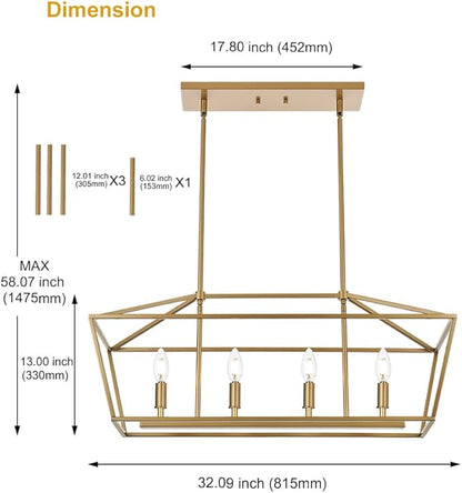 BONLICHT Traditional Dining Room Linear Chandelier Brushed Brass 4 Light Farmhouse Kitchen Island Lantern Pendant Lighting Fixture Hanging Rectangle Gold Pendant Lamp for Restaurant Bar, E12 Base