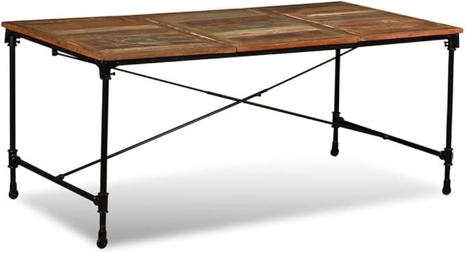 Multicolor Solid Reclaimed Wood Dining Table, Rectangular Kitchen & Dining Room Table, Polished Finish, Powder-Coated Steel Legs, 70.9" L, Seats 6, Farmhouse Style