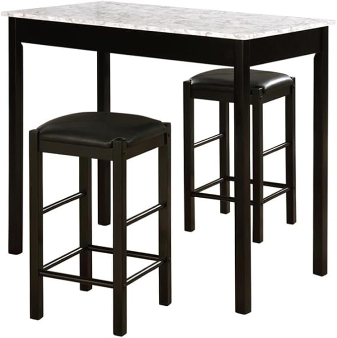 Riverbay Furniture Three Piece Wood Faux Marble Tavern Kitchen Dining Breakfast Table Set with 2 Stools in Black