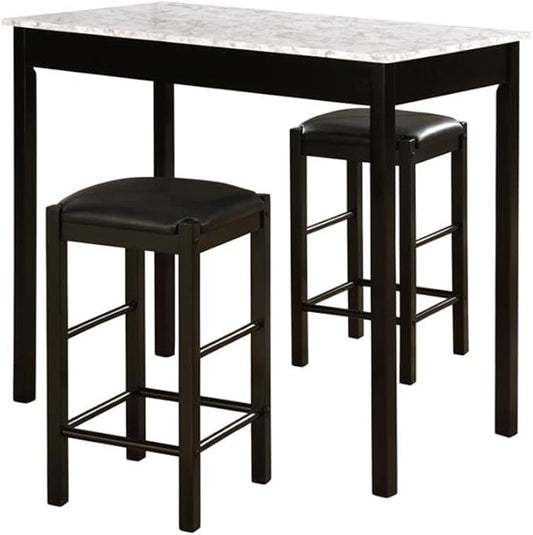 Riverbay Furniture Three Piece Wood Faux Marble Tavern Kitchen Dining Breakfast Table Set with 2 Stools in Black