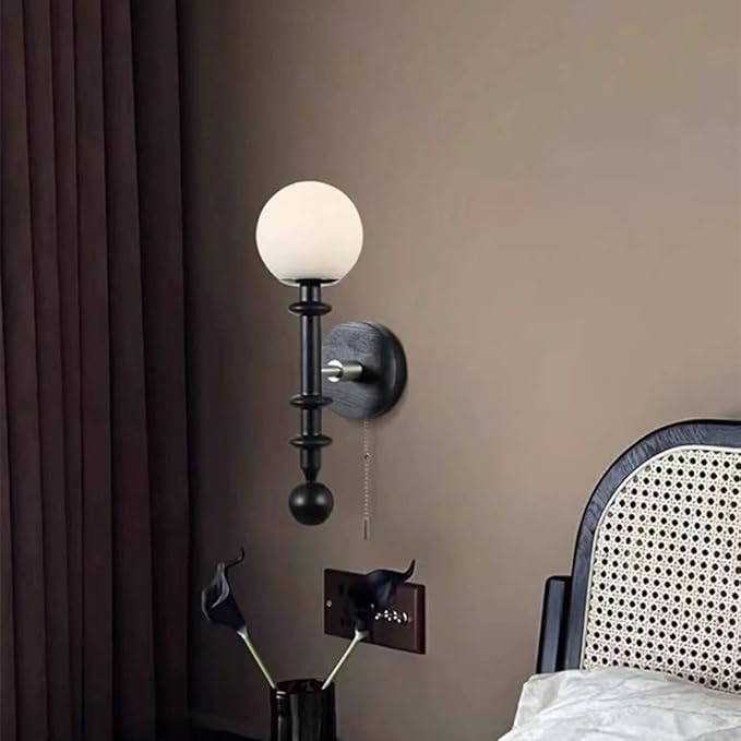Vintage Wood Wall Sconce Globe Glass Wall Lamp with Pull Chain Switch, Farmhouse Bedside Aisle Deco Lighting Fixture Retro Modern Wooden Wall Light for Living Room Hallway Stairs, E27