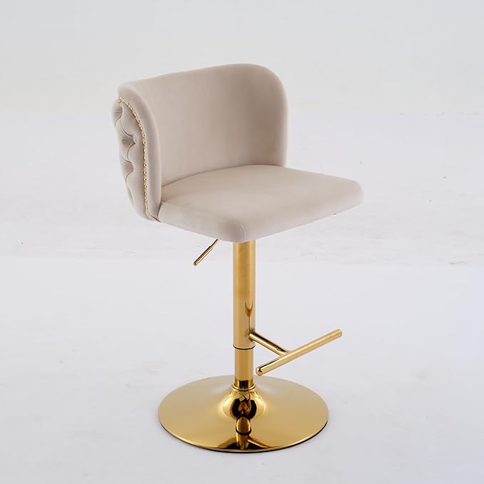 Furniture,Swivel Adjusatble Seat Height with Gold Plating Base, Classic Velvet Upholstered Bar Stools with The Whole Back Tufted, for Home Pub and Kitchen Island,Beige, Set of 2