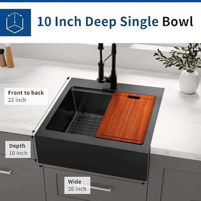 26 Inch Farmhouse Black Sink, 16 Gauge 304 Stainless Steel Farm Sinks, Drop In Topmount Single Bowl Workstation Sink with all Accessories, 26" x 22" x 10" Deep Kitchen Sink