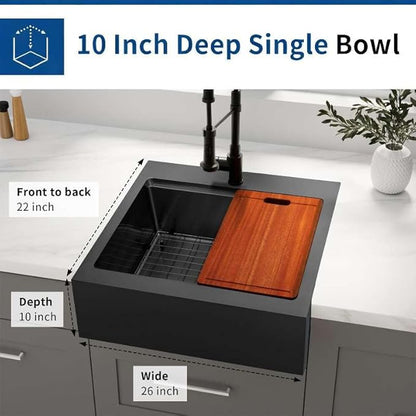 26 Inch Farmhouse Black Sink, 16 Gauge 304 Stainless Steel Farm Sinks, Drop In Topmount Single Bowl Workstation Sink with all Accessories, 26" x 22" x 10" Deep Kitchen Sink
