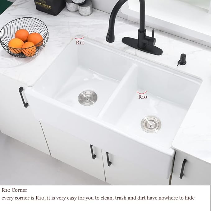 33 Inch Double Bowl White Farmhouse Sink Workstation-Bokaiya 33x20 Fireclay Apron Front White Porcelain Ceramic Reversible 50/50 Double Bowl Farm Sink with Accessories