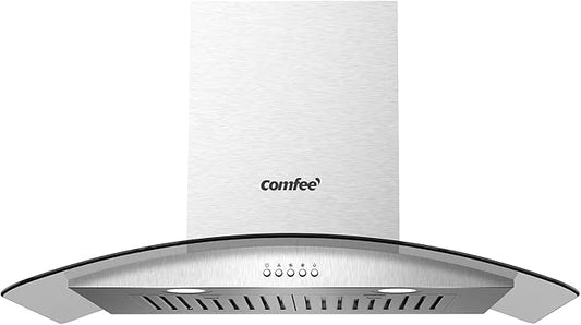 COMFEE' CVG30W8AST 30 Inches Ducted Wall Mount Vent Range Hood with 450 CFM 3 Speed Exhaust Fan, Baffle Filters, Curved Glass, 2 LED Lights, Convertible to Ductless, Stainless Steel