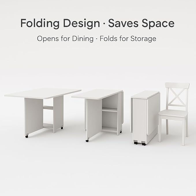 Folding Drop Leaf Dining Table with Wheels – Space-Saving Kitchen Table with 2-Layer Storage, Multi-Functional Table for Dining, Office, or Kitchen Island
