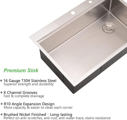 30 Inch Drop in Kitchen Sink, 30x22 Single Bowl Drop in Sink Kitchen Topmount Workstation 16 Gauge Stainless Steel Sink Deep Basin with Offset Drain