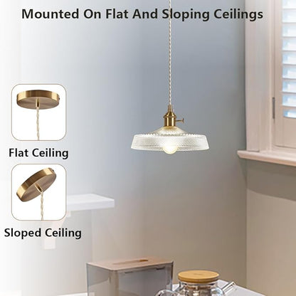 Vintage Mini Pendant Light Fixtures, 9 Inch Glass Kitchen Island Light Fixtures Brass Light Cord Pendant Lights Hanging Light for Living Room Bedroom Hallway Dining Room E26