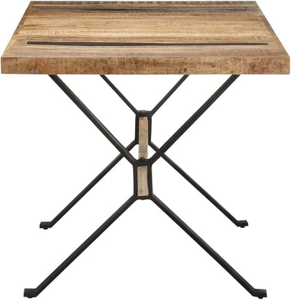 Industrial Narrow Rectangular Dining Table Solid Mango Wood Brown Rough Finish Seats 4 Modern Design Powder Coated Black Legs for Dining Room Kitchen Use