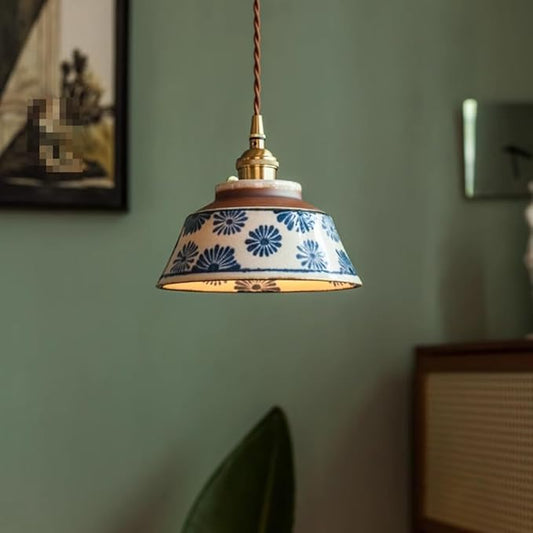 Chinese Retro Pendent Lamp,Indoor Under Glaze Colored Ceramics Ceiling Hanging Light,Adjustable Creative Home Kitchen Island Suspended Lighting Fixture,Bedroom Bedside Chandelier E 26 Base