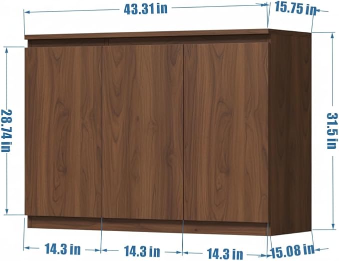 holzart 43" Walnut Brown Buffet Cabinet Sideboard with Storage - Modern 3-Door Wood Grain Kitchen Cupboard & Coffee Bar Station for Dining Room, Living Room - Adjustable Shelf, 43.3" W x 31.5" H