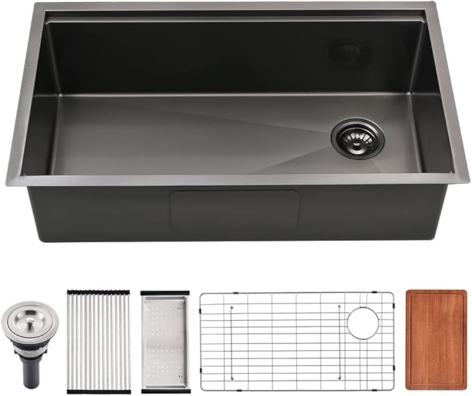 33 Black Undermount Kitchen Sink, 33x19 Stainless Steel Workstation Kitchen Sink with Offset Drain 16 Gauge Single Bowl Deep Basin