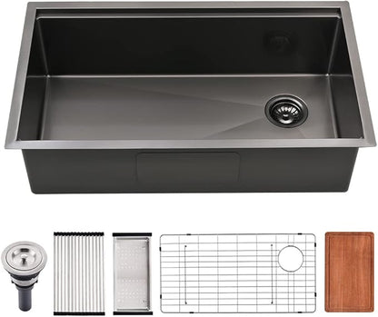 33 Black Undermount Kitchen Sink, 33x19 Stainless Steel Workstation Kitchen Sink with Offset Drain 16 Gauge Single Bowl Deep Basin
