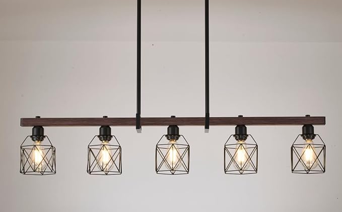 5-Light Industrial Kitchen Island Lighting with Wood Grain Bar and Black Metal Cage, Farmhouse Rustic Hanging Ceiling Lamp for Dining Room, Living Room