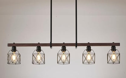 5-Light Industrial Kitchen Island Lighting with Wood Grain Bar and Black Metal Cage, Farmhouse Rustic Hanging Ceiling Lamp for Dining Room, Living Room