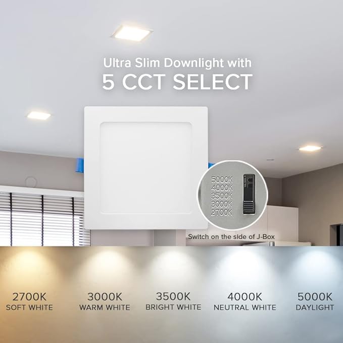 Maxxima 6 in. Slim LED Downlight - Canless Square 5 CCT Ultra-Thin Recessed, 1000 Lumens, Color Selectable 2700K-5000K (2700K/3000K/3500K/4000K/5000K), Dimmable IC Rated, J-Box Included - 12 Pack