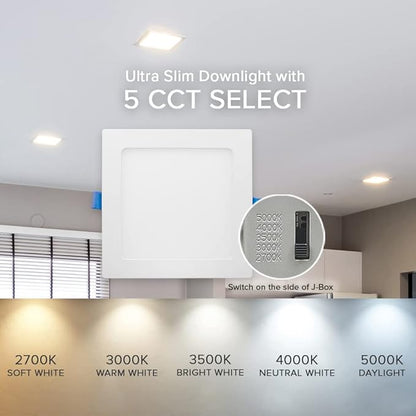 Maxxima 6 in. Slim LED Downlight - Canless Square 5 CCT Ultra-Thin Recessed, 1000 Lumens, Color Selectable 2700K-5000K (2700K/3000K/3500K/4000K/5000K), Dimmable IC Rated, J-Box Included - 12 Pack