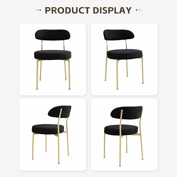 Black Boucle Dining Chair Set of 2, Modern Oval Upholstered Dining Chairs with Curved Back and Metal Leg for Dining Room,Restaurant,Kitchen Island(Gold Leg)