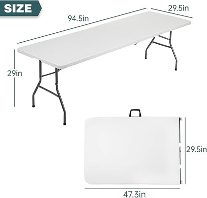 FDW 8 Foot Outdoor Dining Table, Foldable Portable Rectangular Plastic Folding Table with Built in Carrying Handle for Party and Wedding Use, White