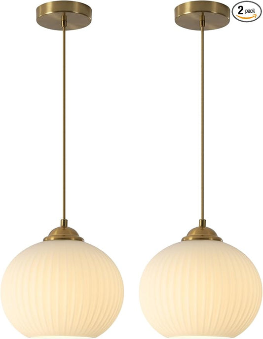 Mid Century Milk Glass Pendant Light Fixture Antique Brass Kitchen Pendant Light Ribbed Glass Ceiling Light Small Globe Pendant Lamp Vintage Gold Pendant Lighting (2 Pack)