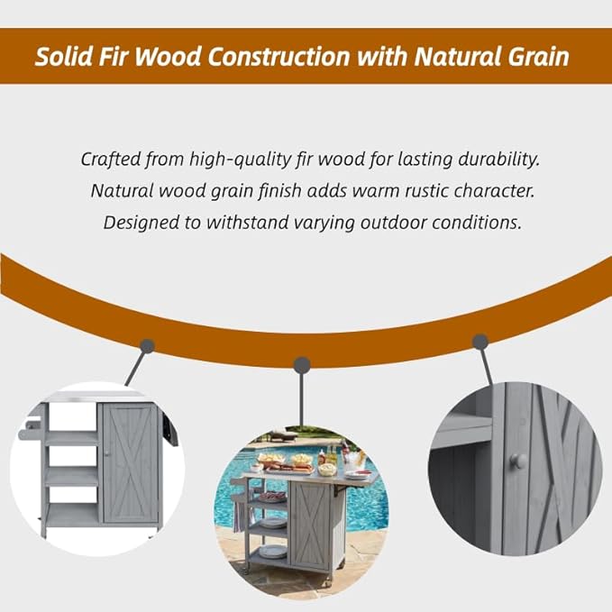 MERITLINE Foldable Outdoor Kitchen Island with Stainless Steel Top, Lockable Rolling Casters & Towel Rack, Mobile BBQ Prep Cart with Open Shelves and Hidden Cabinet for Patio, Balcony, Grey