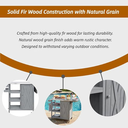 MERITLINE Foldable Outdoor Kitchen Island with Stainless Steel Top, Lockable Rolling Casters & Towel Rack, Mobile BBQ Prep Cart with Open Shelves and Hidden Cabinet for Patio, Balcony, Grey