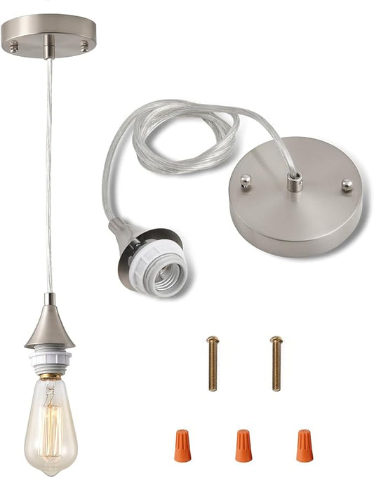 Vintage Brushed Nickel Pendant Light Kit,E26 Lamp Socket DIY Pendant Light Cord,Adjustable Hanging Light Fixtures for Kitchen