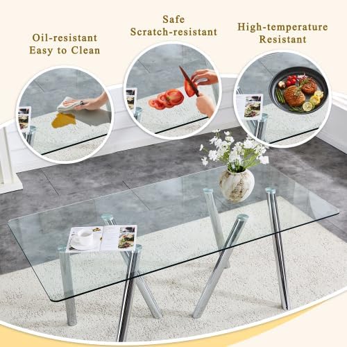 Donext 71" Rectangular Tempered Glass Dining Table, Sturdy Metal Legs,Modern Kitchen Dining Room Table,White