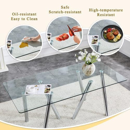 Donext 71" Rectangular Tempered Glass Dining Table, Sturdy Metal Legs,Modern Kitchen Dining Room Table,White