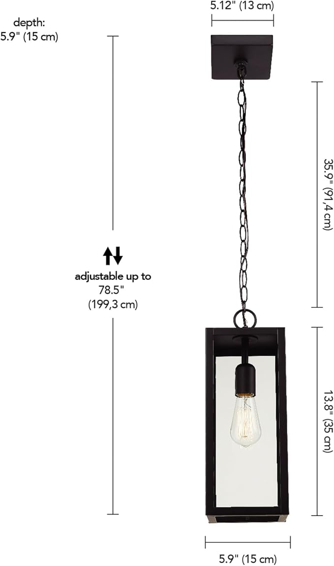 Globe Electric 44773 1-Light Outdoor Pendant, Matte Black, Clear Glass Shade, E26 Base Socket, Kitchen Island, Café, Ceiling Hanging Light Fixture, Modern, Vintage, Porch Light, Bulb Not Included
