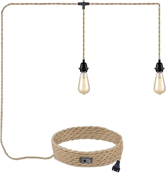 2-Light Plug in Pendant Light Cord, 19.68 ft Hemp Rope Hanging Lights with Switch, 2 Bulbs E26 Sockets Vintage Hanging Lamp Fixtures DIY for Kitchen Island Dining Room Bedroom