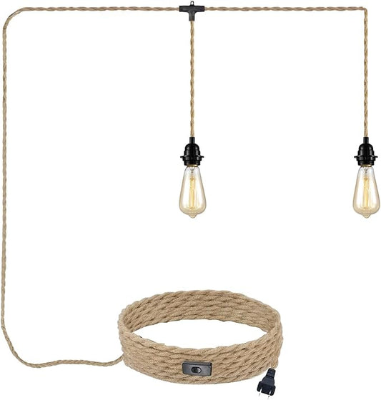 2-Light Plug in Pendant Light Cord, 19.68 ft Hemp Rope Hanging Lights with Switch, 2 Bulbs E26 Sockets Vintage Hanging Lamp Fixtures DIY for Kitchen Island Dining Room Bedroom