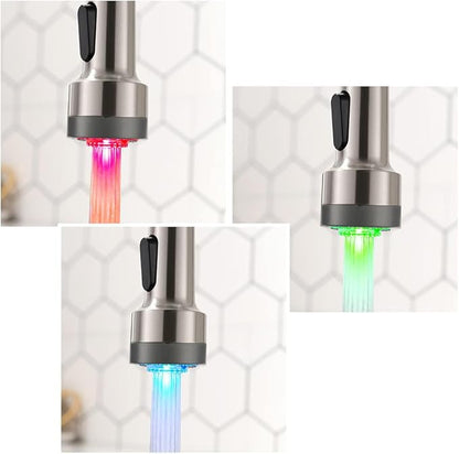 LED Light Kitchen Faucet with Pull Down Sprayer Sus304 Stainless Steel Industrial Single Handle Faucet for Farmhouse Camper Laundry Utility Rv Wet Bar Sinks Brushed Nickel 9003SN