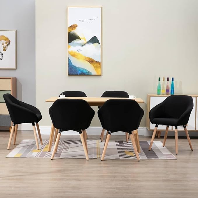 6-Piece Black Fabric Dining Chairs Set with Solid Wood Legs, Modern Farmhouse Kitchen and Living Room Furniture, Ergonomic Design for Comfortable Seating