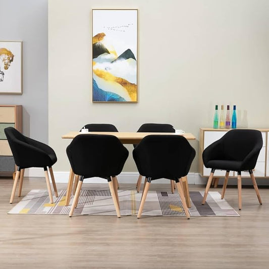 6-Piece Black Fabric Dining Chairs Set with Solid Wood Legs, Modern Farmhouse Kitchen and Living Room Furniture, Ergonomic Design for Comfortable Seating