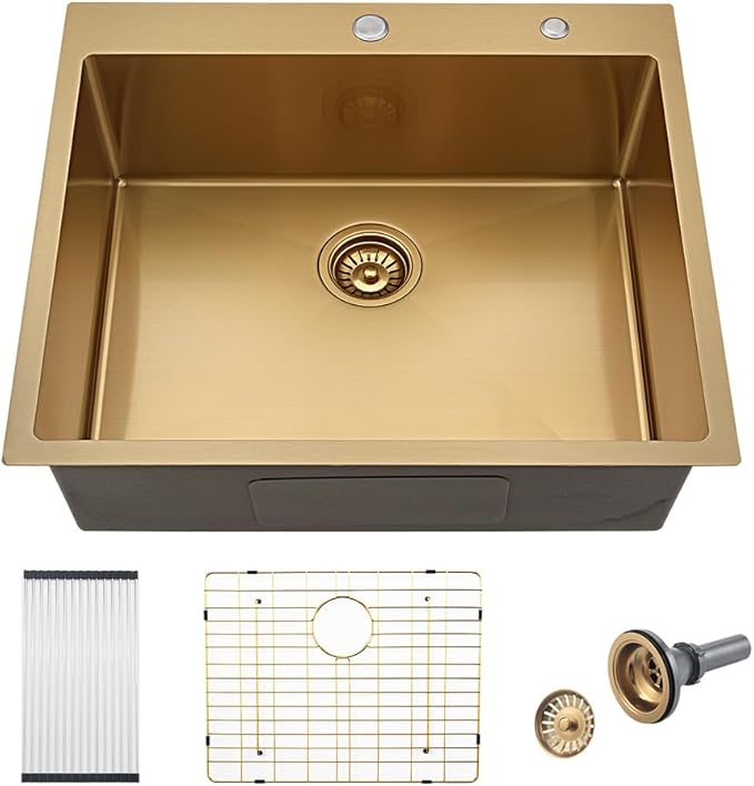 Stainless Steel Gold Kitchen Sink, 25x22 Drop in Kitchen Sink Single Bowl Outdoor Brushed Gold Topmount 16 Gauge Utility RV 10 Inch Deep Basin