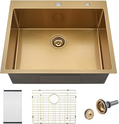 Stainless Steel Gold Kitchen Sink, 25x22 Drop in Kitchen Sink Single Bowl Outdoor Brushed Gold Topmount 16 Gauge Utility RV 10 Inch Deep Basin