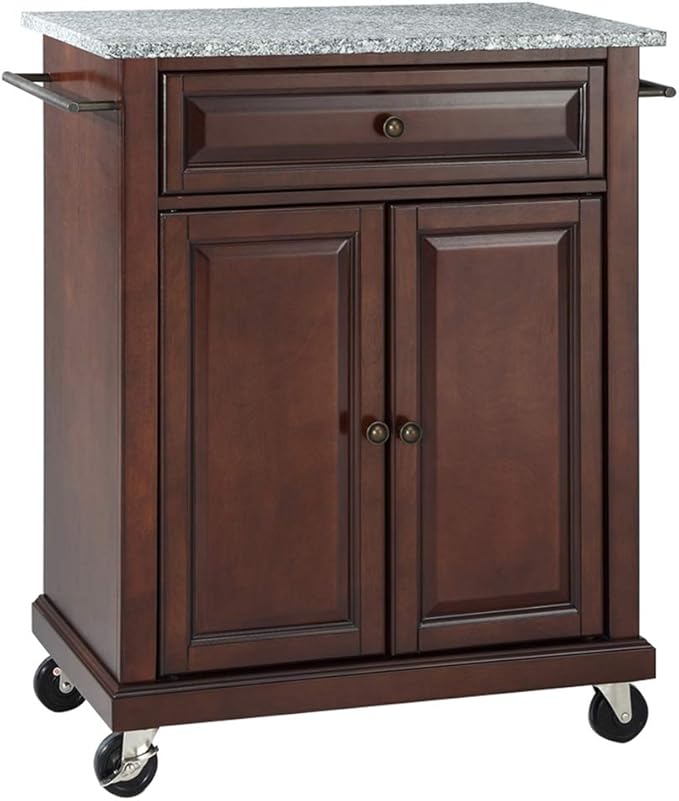 Crosley Furniture Compact Granite Top Small Rolling Cart with Shelves, Microwave Stand with Towel Rack, Black