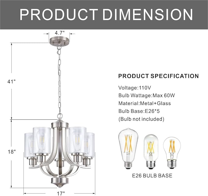 5-Light Dining Room Chandelier,Modern Small Chandeliers Farmhouse High Ceiling Pendant Light Fixtures for Living Room,Kitchen,Foyer,Bedroom (Brushed Nickel)
