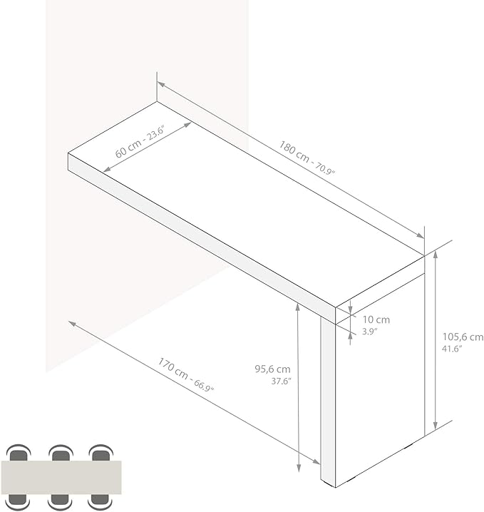Mobili Fiver Evolution Tall Kitchen Bar Table Made in Italy | Space Saving, Wall-Mounted Counter Height Table for 6 | Breakfast Bar Table Top w/Cable Holder | Dark Walnut | 70,9'' x 23,6" in