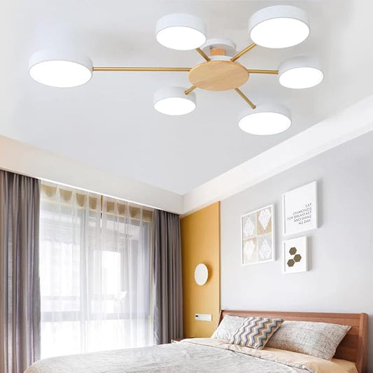 LED Ceiling Light Fixture,41 Inch 6-Lights Modern Ceiling Lights Flush Mount Wooden 48W Dimmable Chandelier for Living Room Bedroom Kitchen,3000K/4000K/6000K Temperatures Selectable White