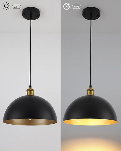 Pendant Lights for Kitchen Island, 11.8" Black and Gold Farmhouse Pendant Light, Dome Pendant Light Fixtures for Dining Room, Living Room, Bedroom, Cafe, Bar, 2 Pack