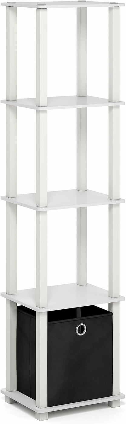 Furinno Turn-N-Tube Book Shelf, 5-Tier Square Open Frame Display Shelf, Corner Storage Shelves with Storage Bin, Shelving Unit, for Organization, Living Room, Garage, Home Office, White