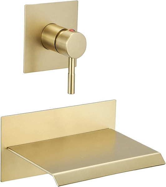 BWE Wall Mount Bathtub Faucet Brushed Gold Single Handle Modern Bathtub Faucet with Rough in Valve High Flow Filler Waterfall Tub Spout