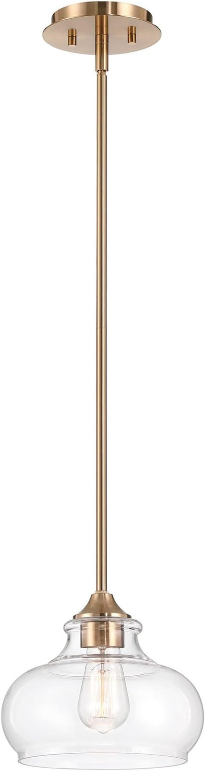 Kira Home Harlow 9" Modern Schoolhouse Pendant Light with Clear Glass Shade, Industrial Farmhouse Gold Hanging Light with Schoolhouse Glass, Cool Brass Finish