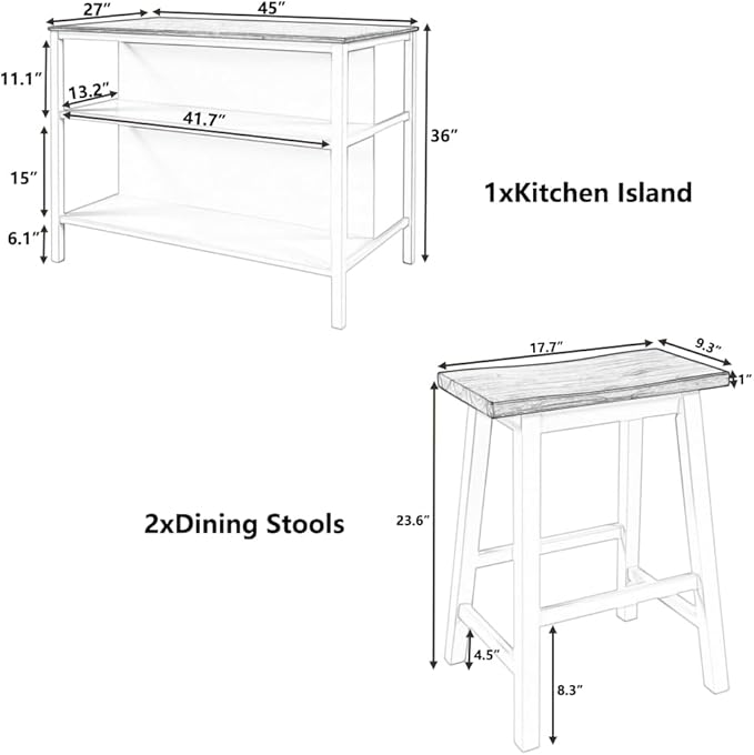 Solid Wood Rustic 3-Piece 45" Stationary Kitchen Island Set with 2 Seatings, Rubber Wood Butcher Block Dining Table Set Prep Table Set with 2 Open Shelves for Small Places (Walnut+Cream White+Stool)