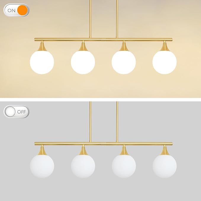 4-Light Kitchen Island Lighting, Brushed Gold Island Lights for Kitchen Adjustable Height Rods Dining Room Light Fixture over Table with White Glass Shades, Linear Chandelier for Bar Counter, G9 Base