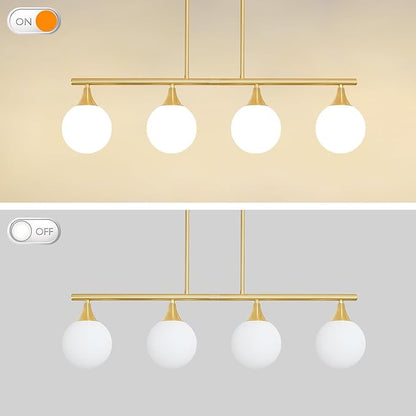 4-Light Kitchen Island Lighting, Brushed Gold Island Lights for Kitchen Adjustable Height Rods Dining Room Light Fixture over Table with White Glass Shades, Linear Chandelier for Bar Counter, G9 Base