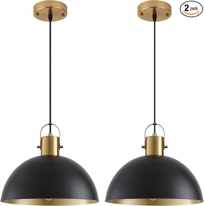 Black and Gold Pendant Light 2 Pack, 11.8 Inch Pendant Lights Kitchen Island, Black Dome Pendant Lights, Island Pendant Light for Kitchen, Dining Room, Living Room